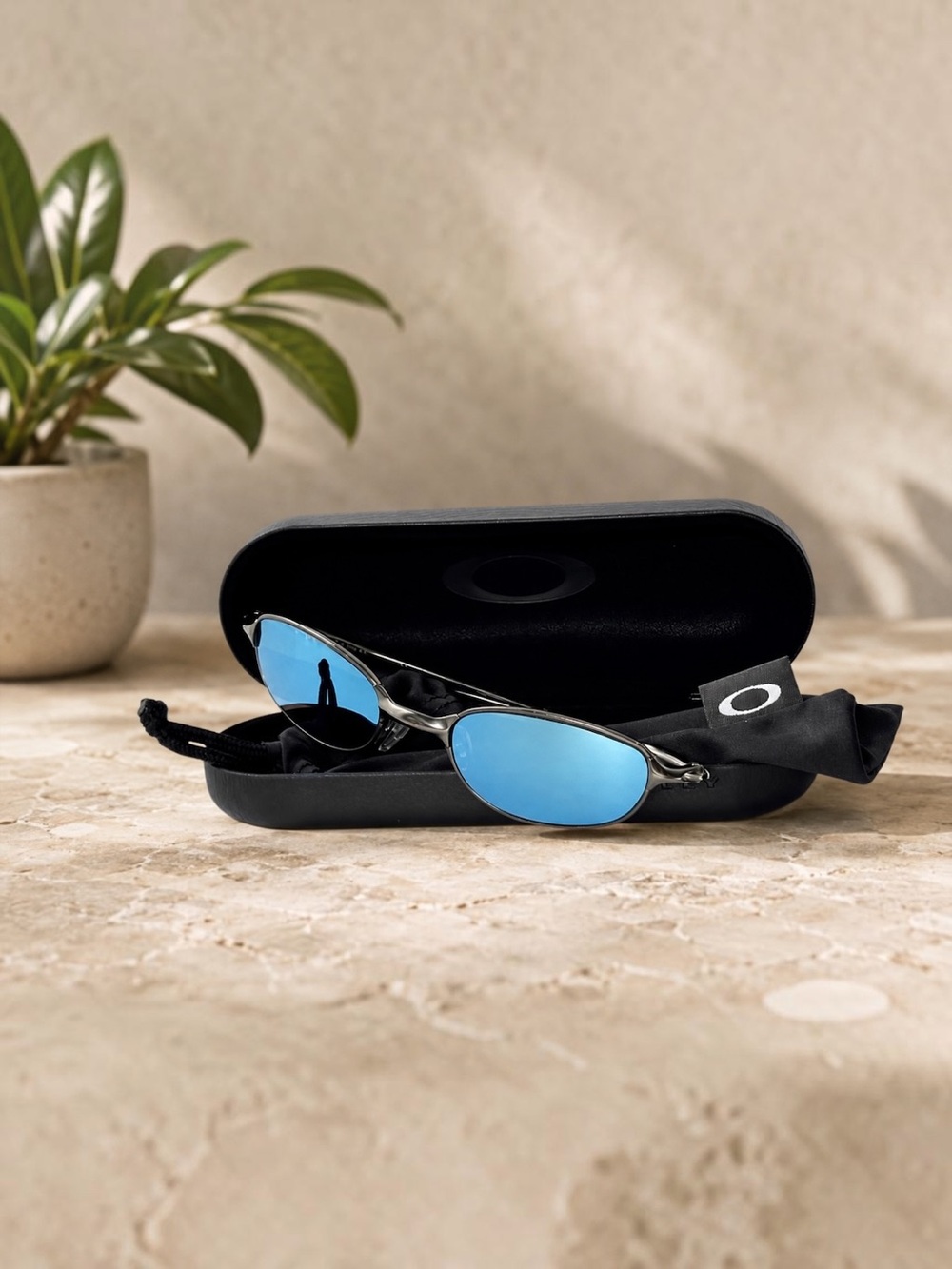 Oakley Vintage E Wire 2.1 Rx Pewter metal light blue mirror polarized sunglasses